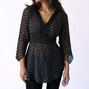 Vintage Y2K Notations Sheer Black Polka Dot Metallic Stripe Empire Waist Blouse